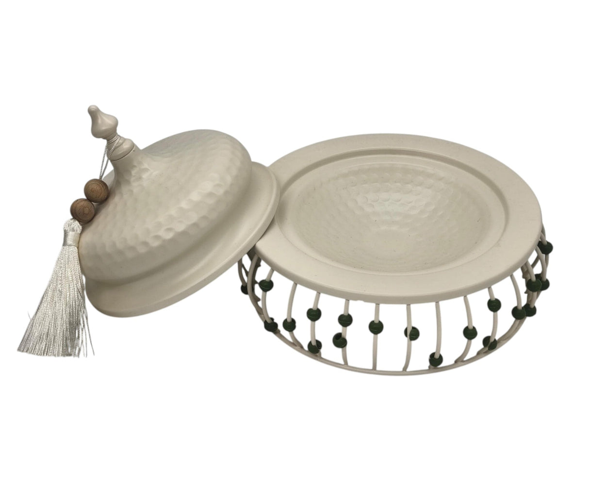 AKDC Metal Tajine with Lid 28cm*17cm, White with Green Beads - Al Kabayel Discount CentreAKDC Metal Tajine with Lid 28cm*17cm, White with Green BeadsBowlsAKDCAl Kabayel Discount Centre