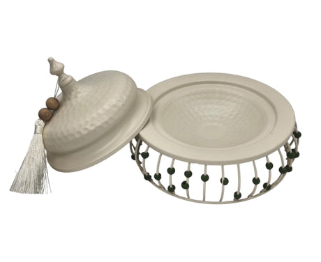 AKDC Metal Tajine with Lid 28cm*17cm, White with Green Beads - Al Kabayel Discount CentreAKDC Metal Tajine with Lid 28cm*17cm, White with Green BeadsBowlsAKDCAl Kabayel Discount Centre