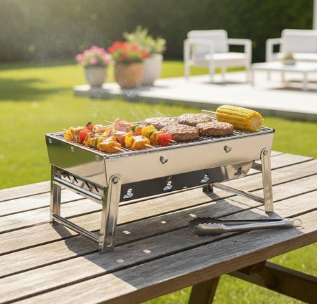 AKDC Mini BBQ Grill 360×68×290 mm | 2.5 kg Silver Color Portable Tabletop Barbecue | Compact Outdoor Charcoal Grill for Camping & Travel - Al Kabayel Discount CentreAKDC Mini BBQ Grill 360×68×290 mm | 2.5 kg Silver Color Portable Tabletop Barbecue | Compact Outdoor Charcoal Grill for Camping & TravelBBQ Grills & Fire PitsAKDCAl Kabayel Discount Centre