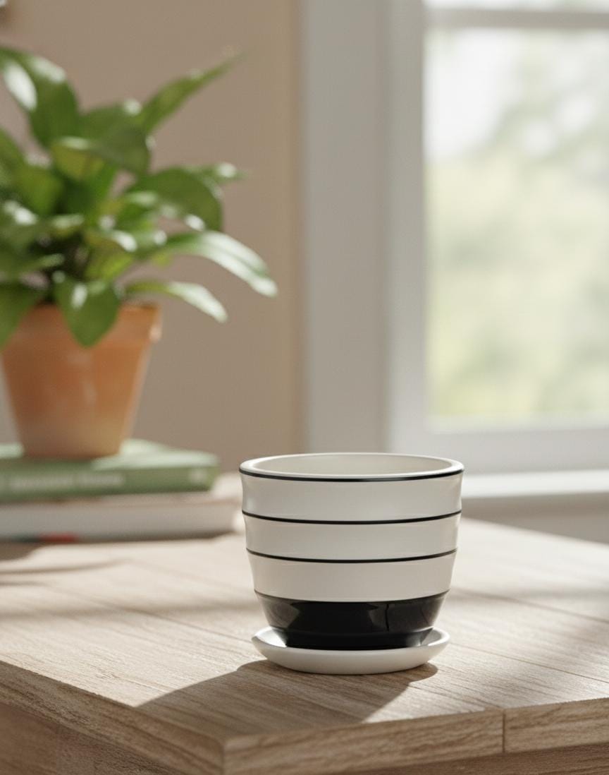 AKDC Modern White Ceramic Pot with Simple Black Line Accent – 9×10 cm - Al Kabayel Discount CentreAKDC Modern White Ceramic Pot with Simple Black Line Accent – 9×10 cmFlower/Plant PotsAKDCAl Kabayel Discount Centre