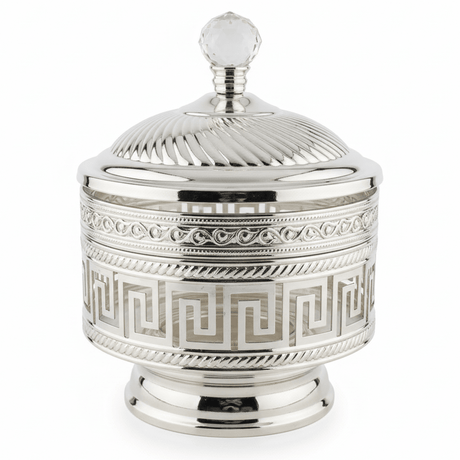 AKDC Ornate Silver Sugar Pot with Crystal Lid | Luxury Metal & Glass Canister | 15×11cm - Al Kabayel Discount CentreAKDC Ornate Silver Sugar Pot with Crystal Lid | Luxury Metal & Glass Canister | 15×11cmJars & Food SaversAKDCAl Kabayel Discount Centre