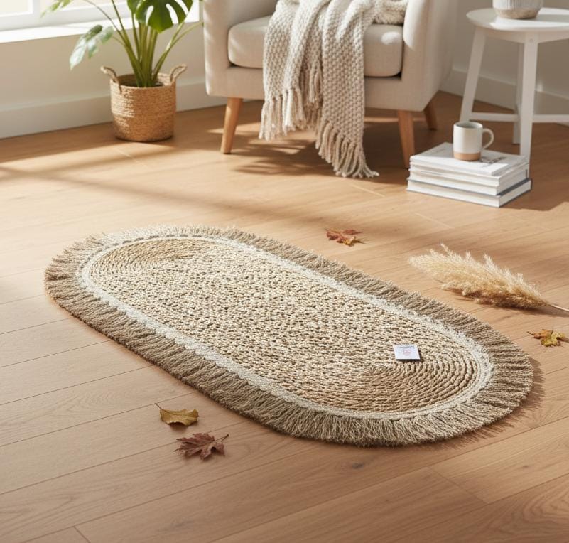 AKDC Oval Rattan Rug 35×100cm – Brownish Fringe Border, Traditional Design for Warm & Cozy Interiors - Al Kabayel Discount CentreAKDC Oval Rattan Rug 35×100cm – Brownish Fringe Border, Traditional Design for Warm & Cozy InteriorsDoormatsAKDCAl Kabayel Discount Centre