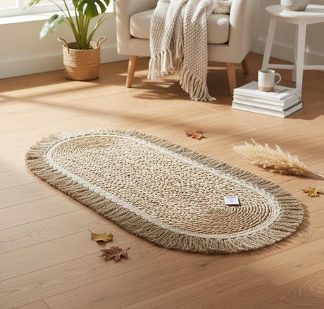 AKDC Oval Rattan Rug 35×100cm – Brownish Fringe Border, Traditional Design for Warm & Cozy Interiors - Al Kabayel Discount CentreAKDC Oval Rattan Rug 35×100cm – Brownish Fringe Border, Traditional Design for Warm & Cozy InteriorsDoormatsAKDCAl Kabayel Discount Centre
