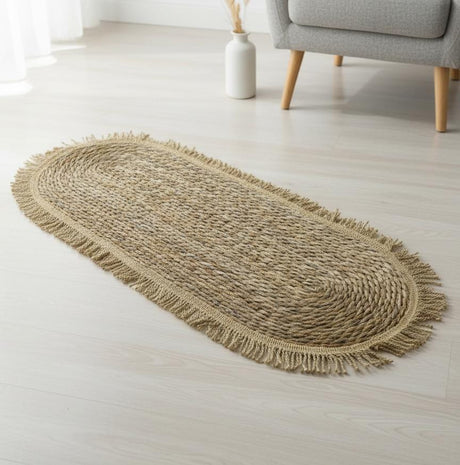 AKDC Oval Rattan Rug 35×100cm – Gold Fringed Border, Luxurious Home Décor Accent with Natural Rattan Weave - Al Kabayel Discount CentreAKDC Oval Rattan Rug 35×100cm – Gold Fringed Border, Luxurious Home Décor Accent with Natural Rattan WeaveDoormatsAKDCAl Kabayel Discount Centre