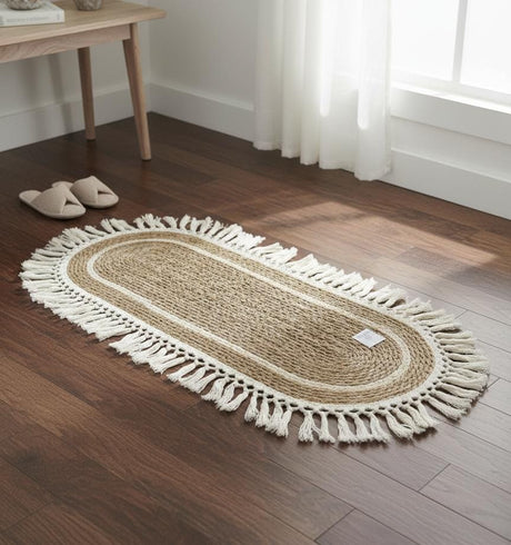 AKDC Oval Rattan Rug 35×100cm – White Fringe Border, Handcrafted Natural Rug for Living Room & Bedroom - Al Kabayel Discount CentreAKDC Oval Rattan Rug 35×100cm – White Fringe Border, Handcrafted Natural Rug for Living Room & BedroomDoormatsAKDCAl Kabayel Discount Centre