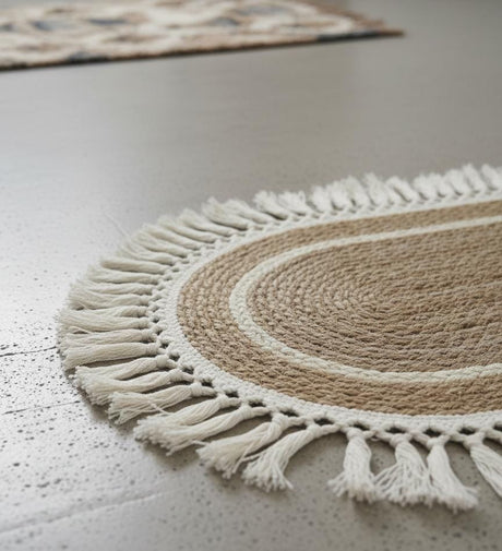 AKDC Oval Rattan Rug 35×100cm – White Fringe Border, Handcrafted Natural Rug for Living Room & Bedroom - Al Kabayel Discount CentreAKDC Oval Rattan Rug 35×100cm – White Fringe Border, Handcrafted Natural Rug for Living Room & BedroomDoormatsAKDCAl Kabayel Discount Centre