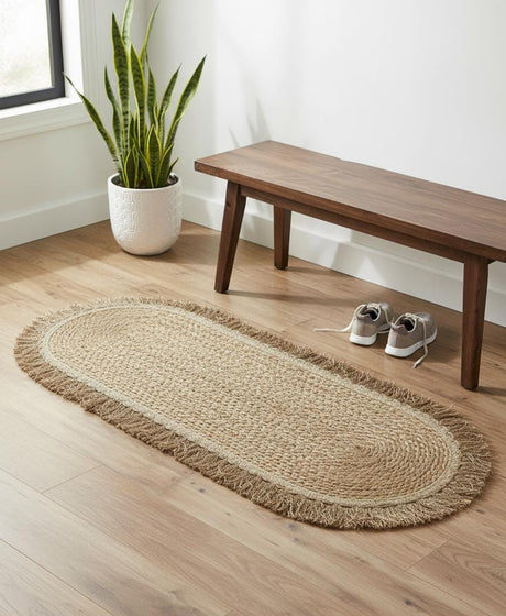 AKDC Oval Rattan Rug 35×120cm – Brownish Fringe Border, Elegant Handmade Rug for Hallways & Entryways - Al Kabayel Discount CentreAKDC Oval Rattan Rug 35×120cm – Brownish Fringe Border, Elegant Handmade Rug for Hallways & EntrywaysDoormatsAKDCAl Kabayel Discount Centre