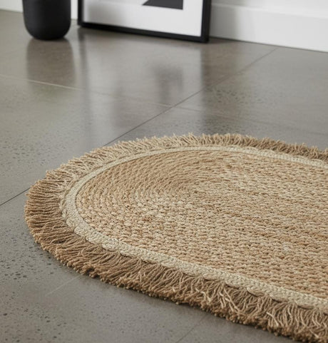 AKDC Oval Rattan Rug 35×120cm – Brownish Fringe Border, Elegant Handmade Rug for Hallways & Entryways - Al Kabayel Discount CentreAKDC Oval Rattan Rug 35×120cm – Brownish Fringe Border, Elegant Handmade Rug for Hallways & EntrywaysDoormatsAKDCAl Kabayel Discount Centre