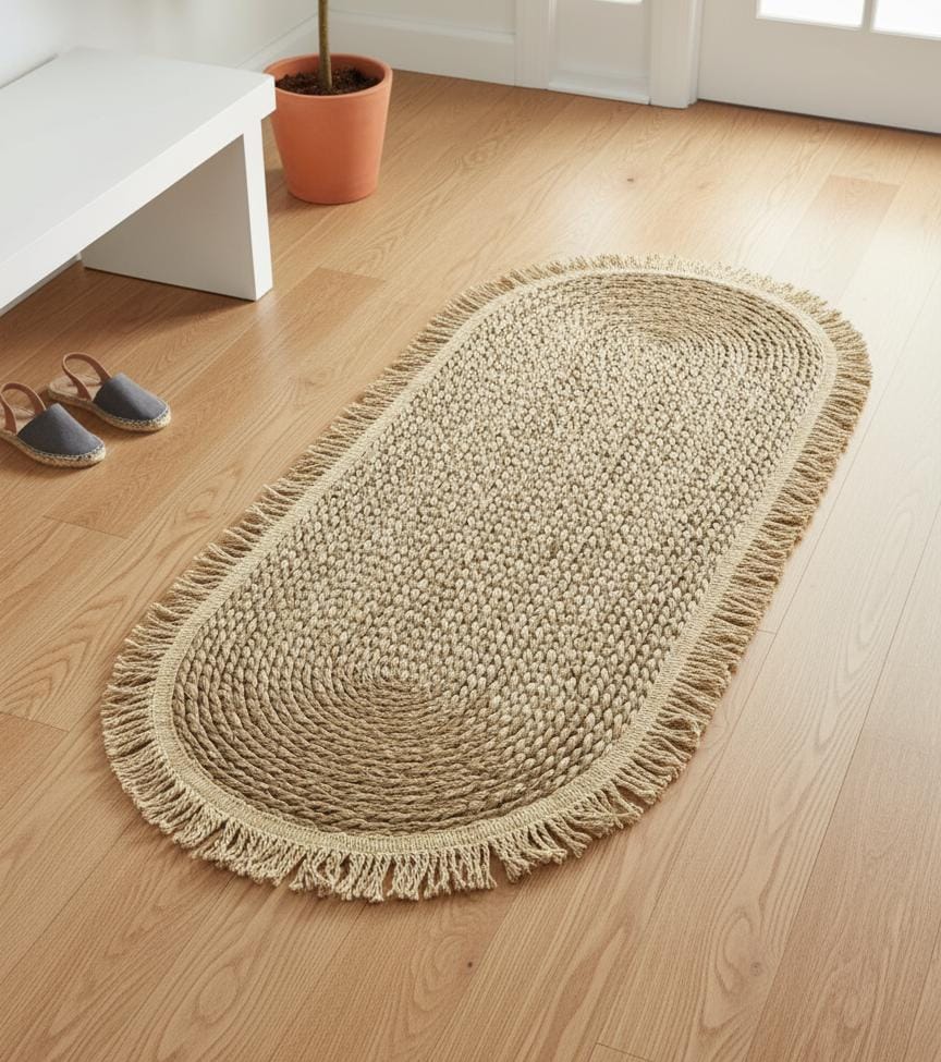 AKDC Oval Rattan Rug 35×120cm – Natural Handwoven Rug with Fringed Border, Bohemian Style Floor Decoration - Al Kabayel Discount CentreAKDC Oval Rattan Rug 35×120cm – Natural Handwoven Rug with Fringed Border, Bohemian Style Floor DecorationDoormatsAKDCAl Kabayel Discount Centre