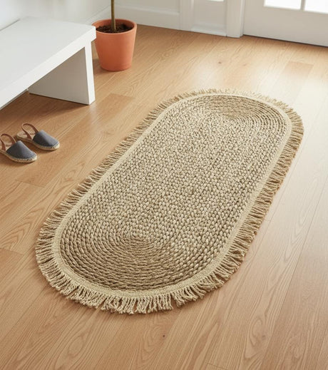 AKDC Oval Rattan Rug 35×120cm – Natural Handwoven Rug with Fringed Border, Bohemian Style Floor Decoration - Al Kabayel Discount CentreAKDC Oval Rattan Rug 35×120cm – Natural Handwoven Rug with Fringed Border, Bohemian Style Floor DecorationDoormatsAKDCAl Kabayel Discount Centre
