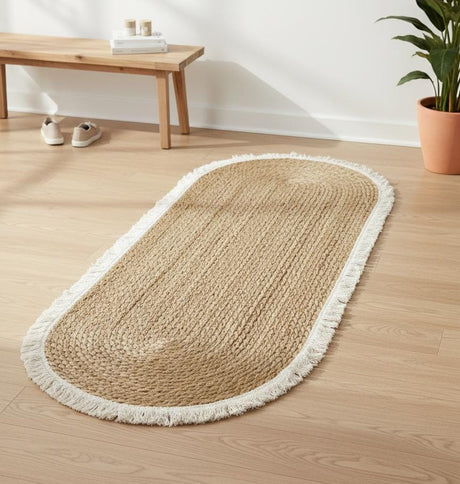 AKDC Oval Rattan Rug 35×120cm – White Fringe Border, Minimalist Handcrafted Rug for Scandinavian - Inspired Décor - Al Kabayel Discount CentreAKDC Oval Rattan Rug 35×120cm – White Fringe Border, Minimalist Handcrafted Rug for Scandinavian - Inspired DécorDoormatsAKDCAl Kabayel Discount Centre