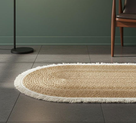 AKDC Oval Rattan Rug 35×120cm – White Fringe Border, Minimalist Handcrafted Rug for Scandinavian - Inspired Décor - Al Kabayel Discount CentreAKDC Oval Rattan Rug 35×120cm – White Fringe Border, Minimalist Handcrafted Rug for Scandinavian - Inspired DécorDoormatsAKDCAl Kabayel Discount Centre