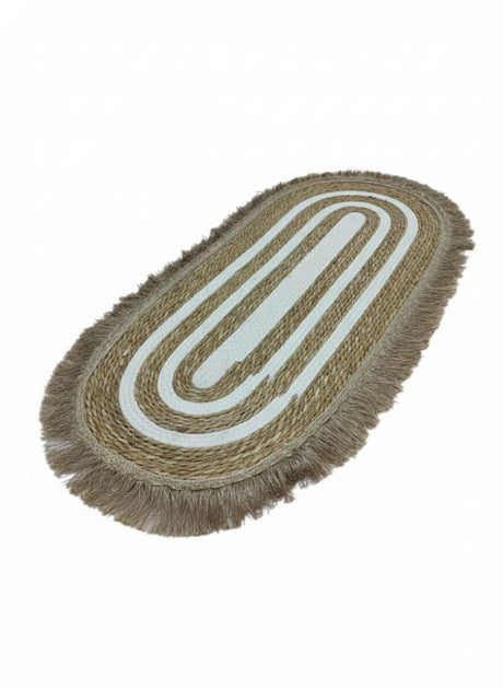 AKDC Oval Rattan Rug 50×115cm – Dual - Tone Rattan & White Color with Brownish Fringe, Artistic Handwoven Accent Rug - Al Kabayel Discount CentreAKDC Oval Rattan Rug 50×115cm – Dual - Tone Rattan & White Color with Brownish Fringe, Artistic Handwoven Accent RugDoormatsAKDCAl Kabayel Discount Centre