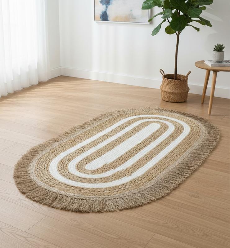 AKDC Oval Rattan Rug 50×115cm – Dual - Tone Rattan & White Color with Brownish Fringe, Artistic Handwoven Accent Rug - Al Kabayel Discount CentreAKDC Oval Rattan Rug 50×115cm – Dual - Tone Rattan & White Color with Brownish Fringe, Artistic Handwoven Accent RugDoormatsAKDCAl Kabayel Discount Centre
