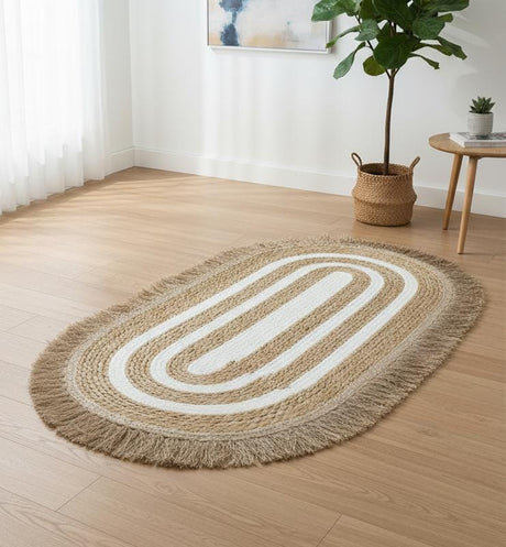 AKDC Oval Rattan Rug 50×115cm – Dual - Tone Rattan & White Color with Brownish Fringe, Artistic Handwoven Accent Rug - Al Kabayel Discount CentreAKDC Oval Rattan Rug 50×115cm – Dual - Tone Rattan & White Color with Brownish Fringe, Artistic Handwoven Accent RugDoormatsAKDCAl Kabayel Discount Centre