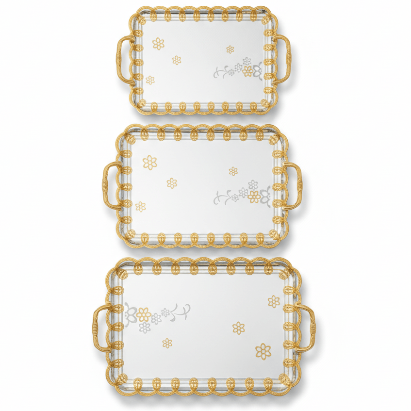 AKDC Premium 3 - Piece Rectangular Silver Stainless Steel Serving Tray Set with Elegant Golden Handles, Multipurpose Serving Platters for Food Tea Coffee & Drinks – 35 x 25 cm, 41 x 28 cm, 48 x 34 cm - Al Kabayel Discount CentreAKDC Premium 3 - Piece Rectangular Silver Stainless Steel Serving Tray Set with Elegant Golden Handles, Multipurpose Serving Platters for Food Tea Coffee & Drinks – 35 x 25 cm, 41 x 28 cm, 48 x 34 cmServing TraysAKDCAl Kabayel Discount Centre