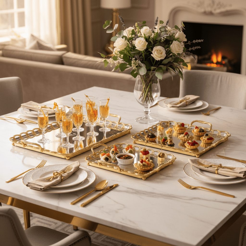 AKDC Premium 3 - Piece Rectangular Silver Stainless Steel Serving Tray Set with Elegant Golden Handles, Multipurpose Serving Platters for Food Tea Coffee & Drinks – 35 x 25 cm, 41 x 28 cm, 48 x 34 cm - Al Kabayel Discount CentreAKDC Premium 3 - Piece Rectangular Silver Stainless Steel Serving Tray Set with Elegant Golden Handles, Multipurpose Serving Platters for Food Tea Coffee & Drinks – 35 x 25 cm, 41 x 28 cm, 48 x 34 cmServing TraysAKDCAl Kabayel Discount Centre