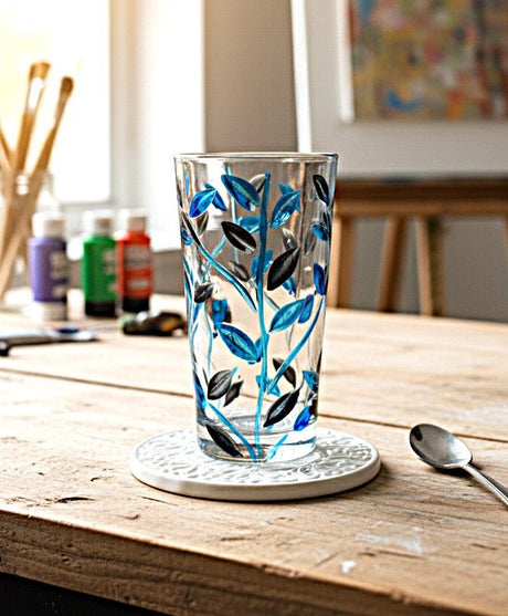 AKDC Premium 360ml Blue Glass Tumbler with Black Leaf Design – Stylish Drinking Glass for Water, Juice & Beverages - Al Kabayel Discount CentreAKDC Premium 360ml Blue Glass Tumbler with Black Leaf Design – Stylish Drinking Glass for Water, Juice & BeveragesDrinkware SetsAKDCAl Kabayel Discount Centre