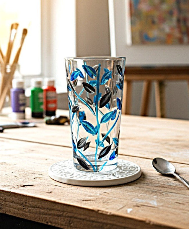 AKDC Premium 360ml Blue Glass Tumbler with Black Leaf Design – Stylish Drinking Glass for Water, Juice & Beverages - Al Kabayel Discount CentreAKDC Premium 360ml Blue Glass Tumbler with Black Leaf Design – Stylish Drinking Glass for Water, Juice & BeveragesDrinkware SetsAKDCAl Kabayel Discount Centre