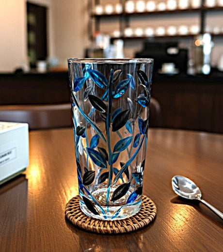 AKDC Premium 360ml Blue Glass Tumbler with Black Leaf Design – Stylish Drinking Glass for Water, Juice & Beverages - Al Kabayel Discount CentreAKDC Premium 360ml Blue Glass Tumbler with Black Leaf Design – Stylish Drinking Glass for Water, Juice & BeveragesDrinkware SetsAKDCAl Kabayel Discount Centre