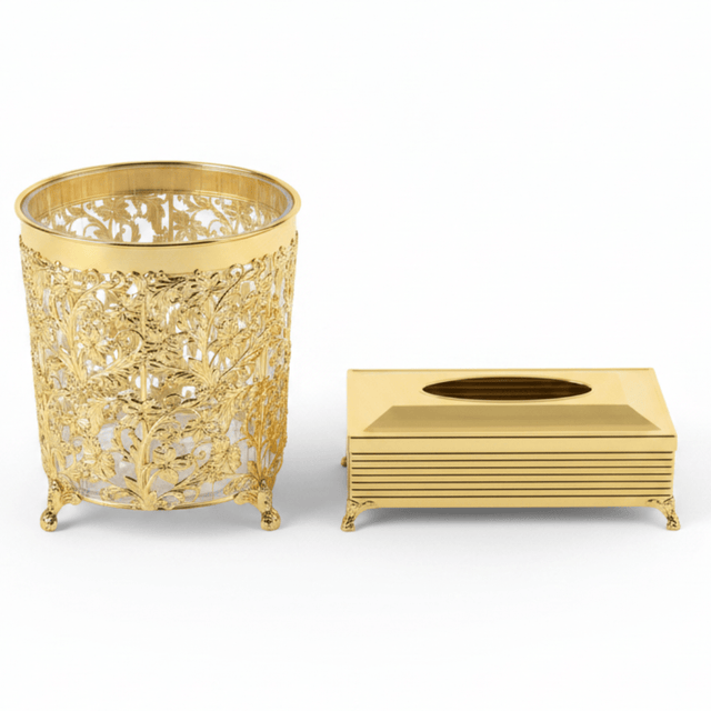 AKDC Premium Acrylic Dustbin with Gold Metal Base and Tissue Box Set for Bathroom, Office and Home Décor – Dustbin 28×22 cm, Tissue Box 26×13 cm - Al Kabayel Discount CentreAKDC Premium Acrylic Dustbin with Gold Metal Base and Tissue Box Set for Bathroom, Office and Home Décor – Dustbin 28×22 cm, Tissue Box 26×13 cmOrganizers & AccessoriesAKDCAl Kabayel Discount Centre