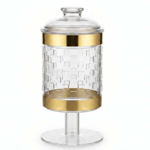 AKDC Premium Acrylic Footed Storage Canister with Decorative Gold Design and Secure Lid Clear Finish 19 × 11 cm - Al Kabayel Discount CentreAKDC Premium Acrylic Footed Storage Canister with Decorative Gold Design and Secure Lid Clear Finish 19 × 11 cmJars & Food SaversAKDCAl Kabayel Discount Centre