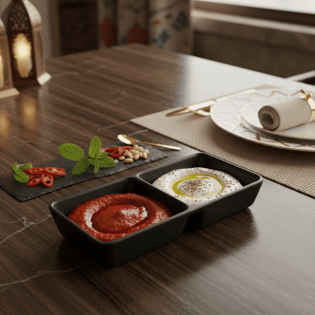 AKDC Premium Black Melamine 2 - Compartment Rectangular Sauce Serving Dish 15×7 cm Durable Restaurant Style - Al Kabayel Discount CentreAKDC Premium Black Melamine 2 - Compartment Rectangular Sauce Serving Dish 15×7 cm Durable Restaurant StyleBowlsAKDCAl Kabayel Discount Centre
