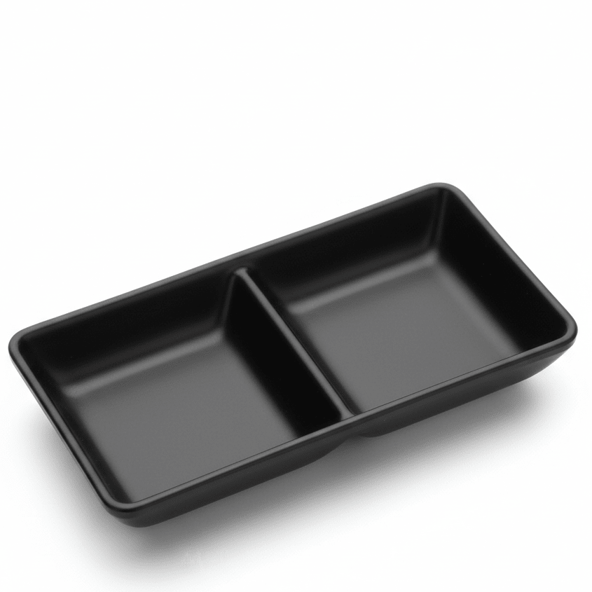 AKDC Premium Black Melamine 2 - Compartment Rectangular Sauce Serving Dish 15×7 cm Durable Restaurant Style - Al Kabayel Discount CentreAKDC Premium Black Melamine 2 - Compartment Rectangular Sauce Serving Dish 15×7 cm Durable Restaurant StyleBowlsAKDCAl Kabayel Discount Centre