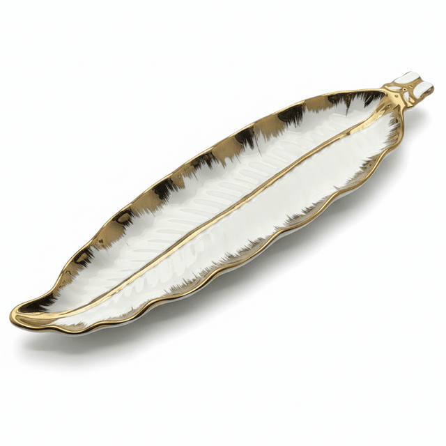 AKDC Premium Gold & White Ceramic Leaf Display Plate 40×10 cm Elegant Serving Tray for Sweets & Snacks - Al Kabayel Discount CentreAKDC Premium Gold & White Ceramic Leaf Display Plate 40×10 cm Elegant Serving Tray for Sweets & SnacksServing TraysAKDCAl Kabayel Discount Centre