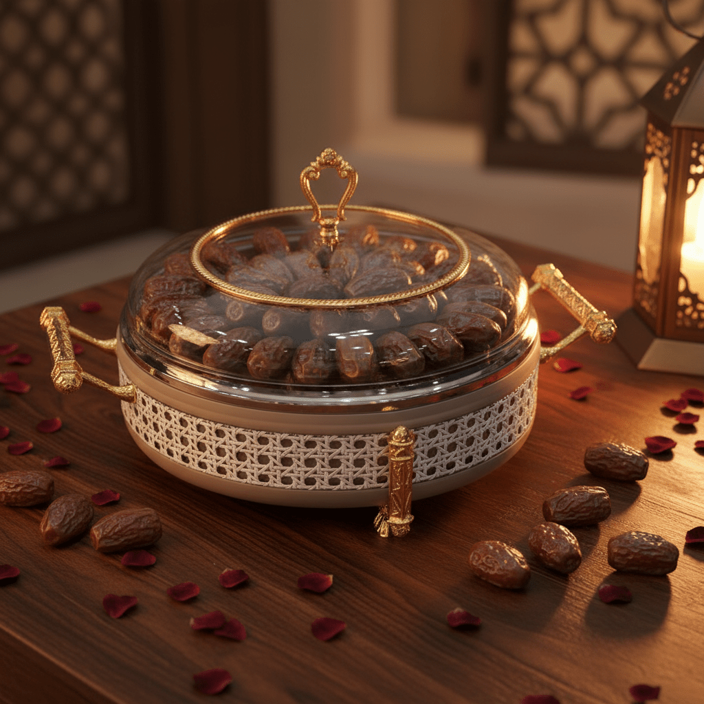 AKDC Premium Large Round Dates Serving Bowl with Glass Lid – Metal & Glass Decorative Bowl 26 cm - Al Kabayel Discount CentreAKDC Premium Large Round Dates Serving Bowl with Glass Lid – Metal & Glass Decorative Bowl 26 cmBowlsAKDCAl Kabayel Discount Centre