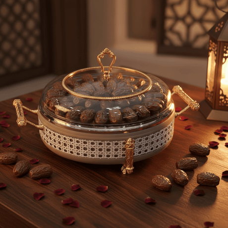 AKDC Premium Large Round Dates Serving Bowl with Glass Lid – Metal & Glass Decorative Bowl 26 cm - Al Kabayel Discount CentreAKDC Premium Large Round Dates Serving Bowl with Glass Lid – Metal & Glass Decorative Bowl 26 cmBowlsAKDCAl Kabayel Discount Centre