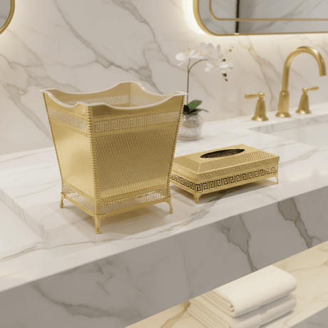 AKDC Premium Plastic Dustbin with Gold Metal Base and Tissue Box Set for Bathroom, Office and Home Décor – Dustbin 24×23×17 cm, Tissue Box 26×13 cm - Al Kabayel Discount CentreAKDC Premium Plastic Dustbin with Gold Metal Base and Tissue Box Set for Bathroom, Office and Home Décor – Dustbin 24×23×17 cm, Tissue Box 26×13 cmOrganizers & AccessoriesAKDCAl Kabayel Discount Centre