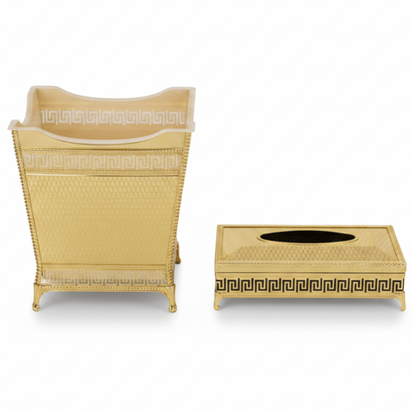 AKDC Premium Plastic Dustbin with Gold Metal Base and Tissue Box Set for Bathroom, Office and Home Décor – Dustbin 24×23×17 cm, Tissue Box 26×13 cm - Al Kabayel Discount CentreAKDC Premium Plastic Dustbin with Gold Metal Base and Tissue Box Set for Bathroom, Office and Home Décor – Dustbin 24×23×17 cm, Tissue Box 26×13 cmOrganizers & AccessoriesAKDCAl Kabayel Discount Centre