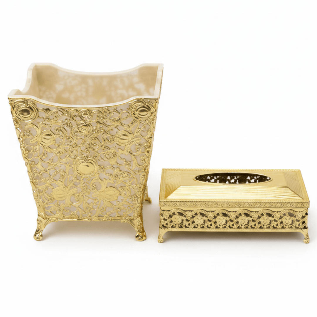 AKDC Premium Plastic Dustbin with Gold Metal Base and Tissue Box Set for Bathroom, Office and Home Décor – Dustbin 24×23×17 cm, Tissue Box 26×13 cm - Al Kabayel Discount CentreAKDC Premium Plastic Dustbin with Gold Metal Base and Tissue Box Set for Bathroom, Office and Home Décor – Dustbin 24×23×17 cm, Tissue Box 26×13 cmOrganizers & AccessoriesAKDCAl Kabayel Discount Centre