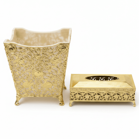 AKDC Premium Plastic Dustbin with Gold Metal Base and Tissue Box Set for Bathroom, Office and Home Décor – Dustbin 24×23×17 cm, Tissue Box 26×13 cm - Al Kabayel Discount CentreAKDC Premium Plastic Dustbin with Gold Metal Base and Tissue Box Set for Bathroom, Office and Home Décor – Dustbin 24×23×17 cm, Tissue Box 26×13 cmOrganizers & AccessoriesAKDCAl Kabayel Discount Centre