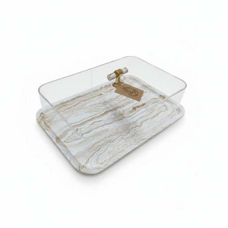 AKDC Premium Rectangular Cake Serving Tray with Acrylic Lid – White Plaster of Paris Base with Gold Finish (30 × 20 cm) - Al Kabayel Discount CentreAKDC Premium Rectangular Cake Serving Tray with Acrylic Lid – White Plaster of Paris Base with Gold Finish (30 × 20 cm)Serving TraysAKDCAl Kabayel Discount Centre