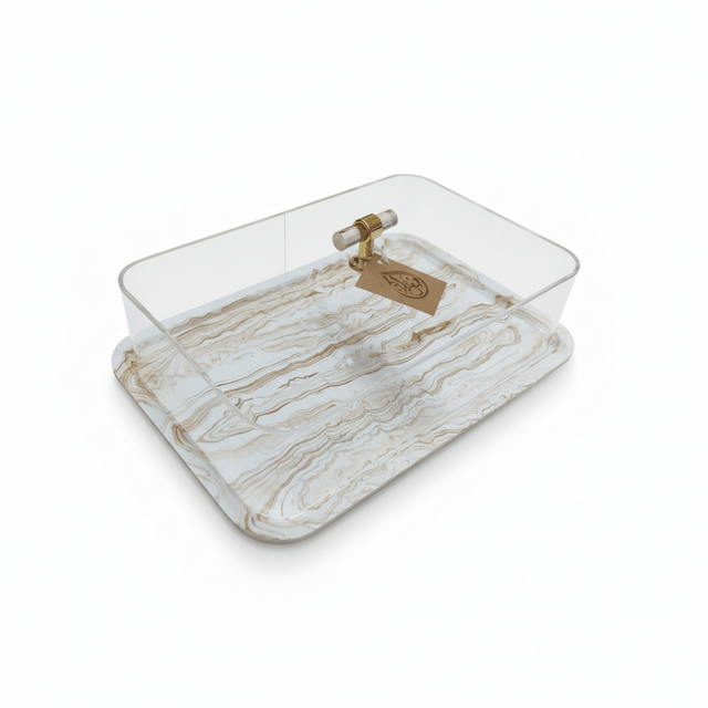 AKDC Premium Rectangular Cake Serving Tray with Acrylic Lid – White Plaster of Paris Base with Gold Finish (30 × 20 cm) - Al Kabayel Discount CentreAKDC Premium Rectangular Cake Serving Tray with Acrylic Lid – White Plaster of Paris Base with Gold Finish (30 × 20 cm)Serving TraysAKDCAl Kabayel Discount Centre