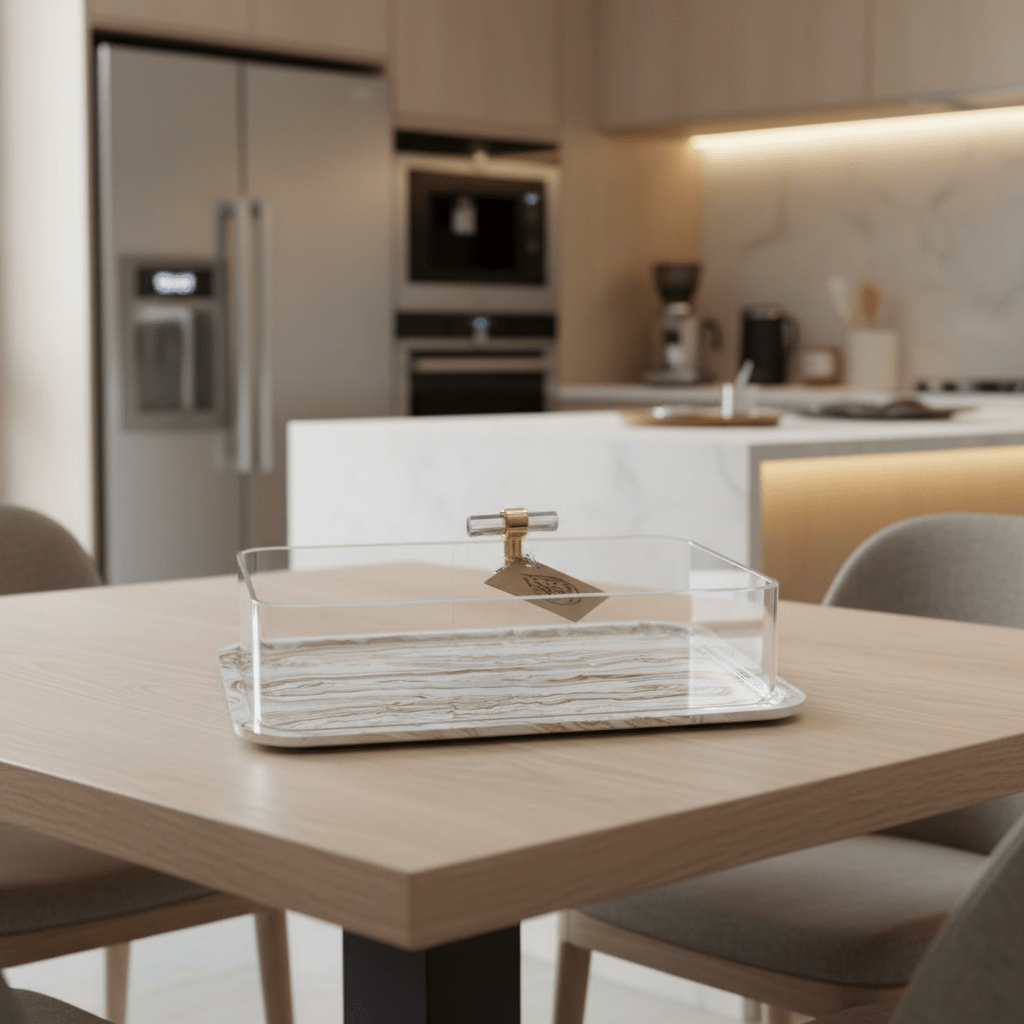 AKDC Premium Rectangular Cake Serving Tray with Acrylic Lid – White Plaster of Paris Base with Gold Finish (30 × 20 cm) - Al Kabayel Discount CentreAKDC Premium Rectangular Cake Serving Tray with Acrylic Lid – White Plaster of Paris Base with Gold Finish (30 × 20 cm)Serving TraysAKDCAl Kabayel Discount Centre