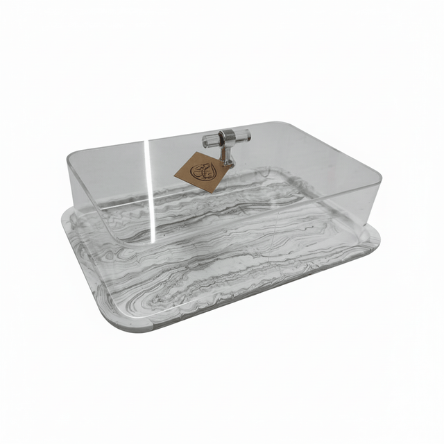 AKDC Premium Rectangular Cake Serving Tray with Acrylic Lid – White Plaster of Paris Base with Silver Finish (30 × 20 cm) - Al Kabayel Discount CentreAKDC Premium Rectangular Cake Serving Tray with Acrylic Lid – White Plaster of Paris Base with Silver Finish (30 × 20 cm)Serving TraysAKDCAl Kabayel Discount Centre