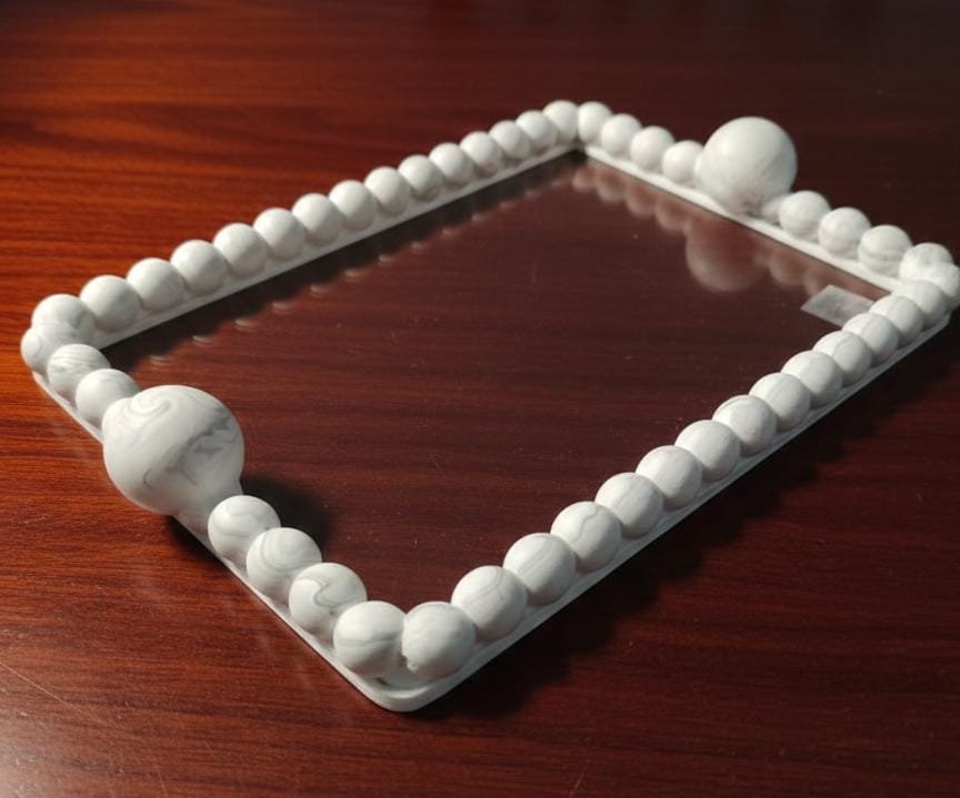 AKDC Premium Rectangular Glass Serving Tray – Elegant White Plaster of Paris Design with Luxury Silver Border (35 × 25 cm) - Al Kabayel Discount CentreAKDC Premium Rectangular Glass Serving Tray – Elegant White Plaster of Paris Design with Luxury Silver Border (35 × 25 cm)Serving TraysAKDCAl Kabayel Discount Centre