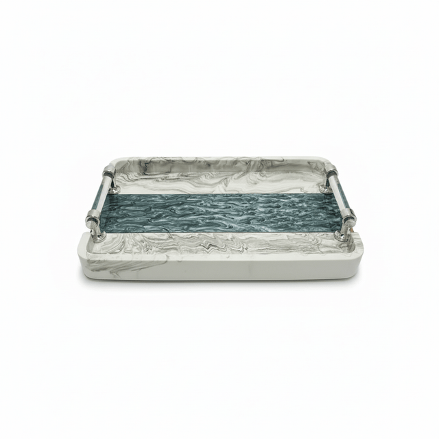 AKDC Premium Rectangular Serving Tray – White Plaster of Paris with Silver & Green Decorative Accents (31 × 22 cm) - Al Kabayel Discount CentreAKDC Premium Rectangular Serving Tray – White Plaster of Paris with Silver & Green Decorative Accents (31 × 22 cm)Serving TraysAKDCAl Kabayel Discount Centre