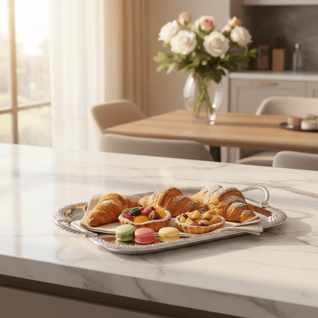 AKDC Premium Rectangular Stainless Steel Serving Tray with Strong Side Handles, Silver Finish Multipurpose Tea & Food Serving Tray for Home, Kitchen & Hotel – 38 × 30 cm - Al Kabayel Discount CentreAKDC Premium Rectangular Stainless Steel Serving Tray with Strong Side Handles, Silver Finish Multipurpose Tea & Food Serving Tray for Home, Kitchen & Hotel – 38 × 30 cmServing TraysAKDCAl Kabayel Discount Centre