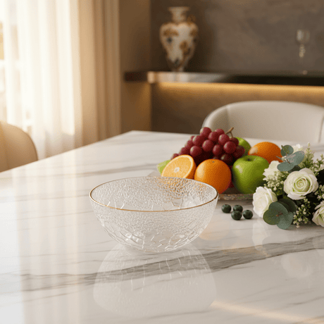 AKDC Premium Round Glass Bowl with Gold Rim – Luxury Bowl for Serving Fruits, Desserts & Snacks 16 cm - Al Kabayel Discount CentreAKDC Premium Round Glass Bowl with Gold Rim – Luxury Bowl for Serving Fruits, Desserts & Snacks 16 cmBowlsAKDCAl Kabayel Discount Centre