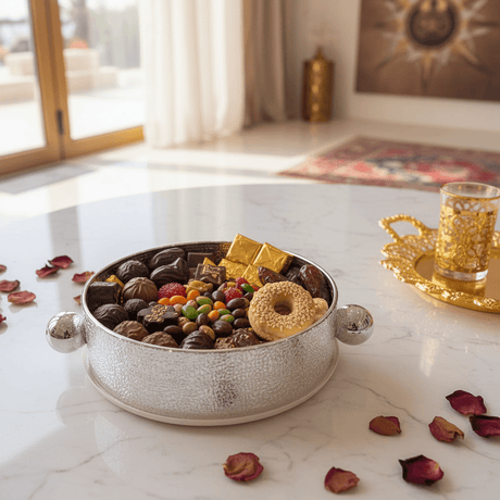 AKDC Premium Silver & Cream Round Metal Candy Pot – Stylish Decorative Bowl for Serving Candies Nuts & Dry Fruits – Elegant Home & Hospitality Use – 20 cm - Al Kabayel Discount CentreAKDC Premium Silver & Cream Round Metal Candy Pot – Stylish Decorative Bowl for Serving Candies Nuts & Dry Fruits – Elegant Home & Hospitality Use – 20 cmServing TraysAKDCAl Kabayel Discount Centre