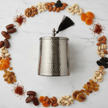 AKDC Premium Silver Finish Dates Bowl with Lid for Serving Dry Fruits, Snacks, and Traditional Gatherings (13.5 × 18.5 cm) - Al Kabayel Discount CentreAKDC Premium Silver Finish Dates Bowl with Lid for Serving Dry Fruits, Snacks, and Traditional Gatherings (13.5 × 18.5 cm)Jars & Food SaversAKDCAl Kabayel Discount Centre