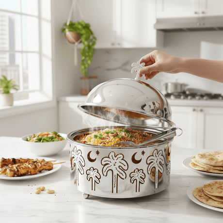 AKDC Premium Stainless Steel Food Server with Dome Lid & Palm Tree Design Base – Elegant Covered Serving Dish – 23 × 10 cm - Al Kabayel Discount CentreAKDC Premium Stainless Steel Food Server with Dome Lid & Palm Tree Design Base – Elegant Covered Serving Dish – 23 × 10 cmServing TraysAKDCAl Kabayel Discount Centre