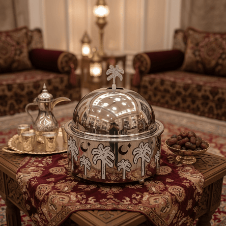 AKDC Premium Stainless Steel Food Server with Dome Lid & Palm Tree Design Base – Elegant Covered Serving Dish – 23 × 10 cm - Al Kabayel Discount CentreAKDC Premium Stainless Steel Food Server with Dome Lid & Palm Tree Design Base – Elegant Covered Serving Dish – 23 × 10 cmServing TraysAKDCAl Kabayel Discount Centre