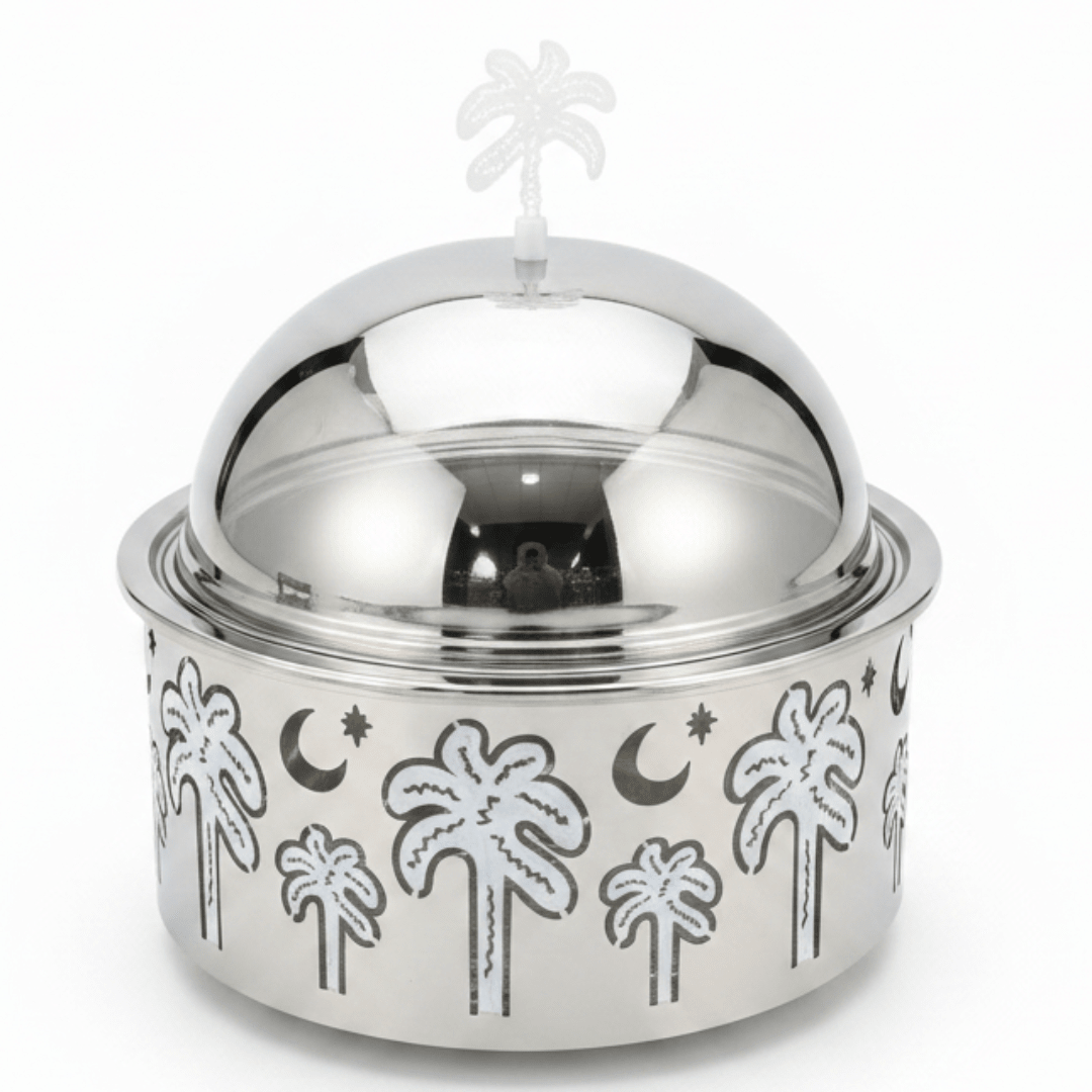 AKDC Premium Stainless Steel Food Server with Dome Lid & Palm Tree Design Base – Elegant Covered Serving Dish – 23 × 10 cm - Al Kabayel Discount CentreAKDC Premium Stainless Steel Food Server with Dome Lid & Palm Tree Design Base – Elegant Covered Serving Dish – 23 × 10 cmServing TraysAKDCAl Kabayel Discount Centre