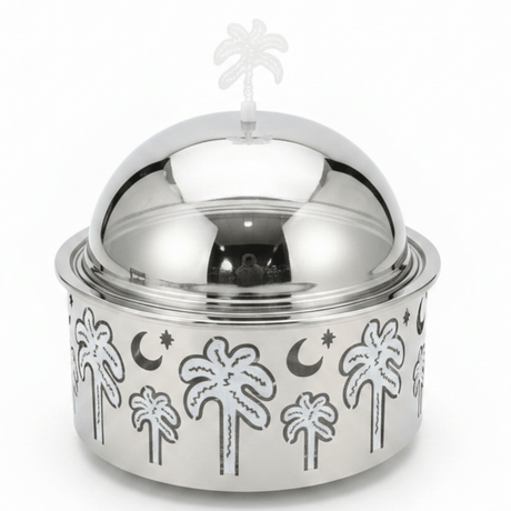 AKDC Premium Stainless Steel Food Server with Dome Lid & Palm Tree Design Base – Elegant Covered Serving Dish – 23 × 10 cm - Al Kabayel Discount CentreAKDC Premium Stainless Steel Food Server with Dome Lid & Palm Tree Design Base – Elegant Covered Serving Dish – 23 × 10 cmServing TraysAKDCAl Kabayel Discount Centre