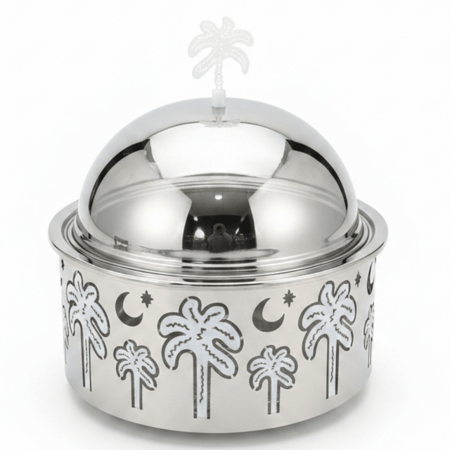AKDC Premium Stainless Steel Food Server with Dome Lid & Palm Tree Design Base – Elegant Covered Serving Dish – 23 × 10 cm - Al Kabayel Discount CentreAKDC Premium Stainless Steel Food Server with Dome Lid & Palm Tree Design Base – Elegant Covered Serving Dish – 23 × 10 cmServing TraysAKDCAl Kabayel Discount Centre